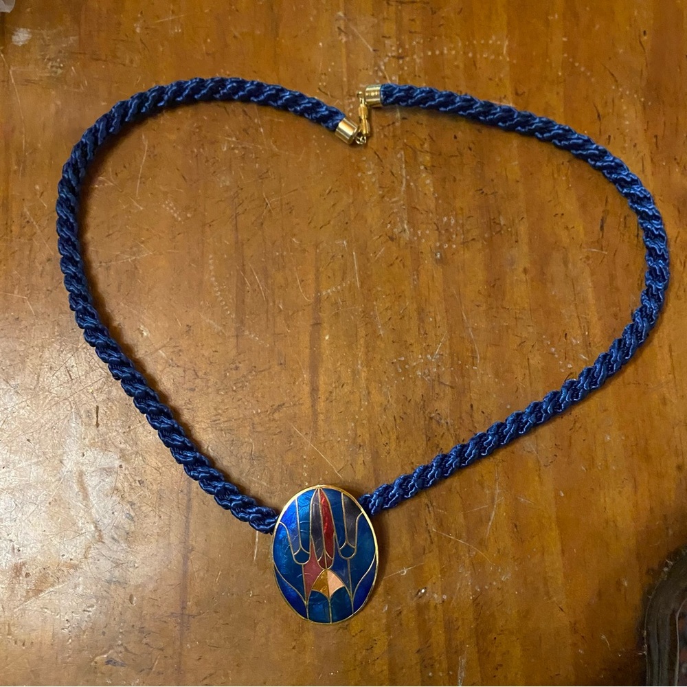 Blue Enamel Pendant Rope Necklace